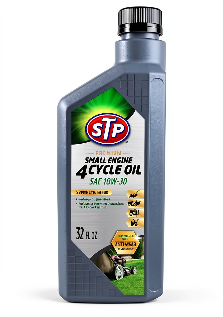 STP 10W-30 small engine oil bottle displayed next to lawnmower