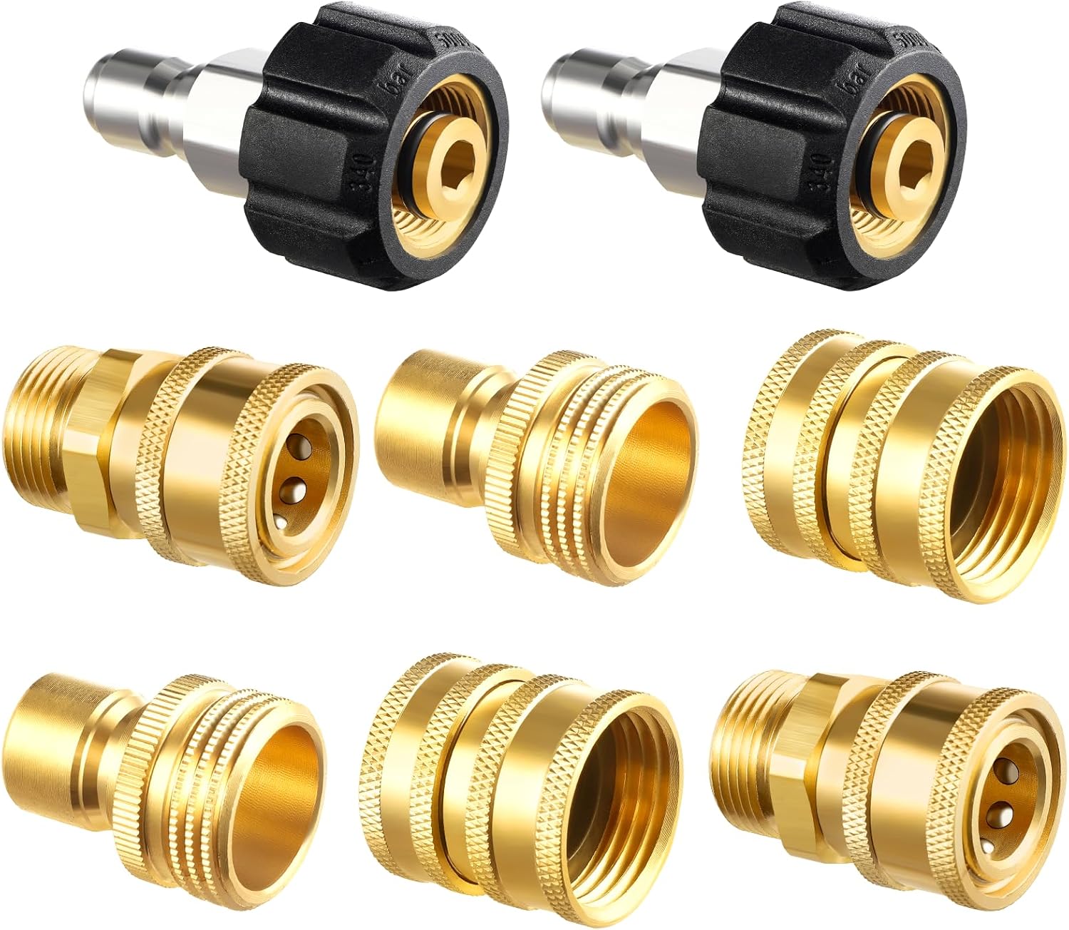 Twinkle Star pressure washer couplers in brass and stainless steel finishes