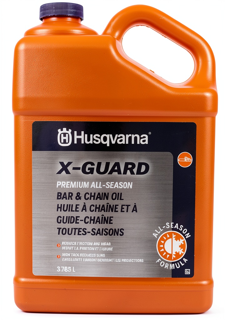Husqvarna Chainsaw Bar Oil bottle shown next to a chainsaw