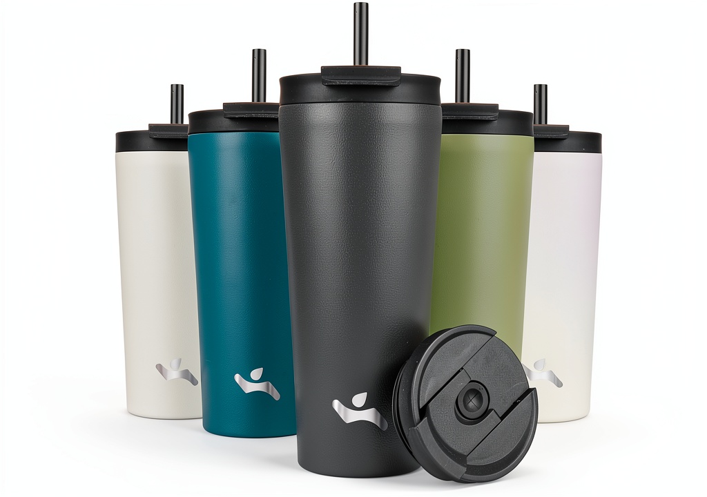 Konokyo insulated tumbler in gray color on a table with coffee