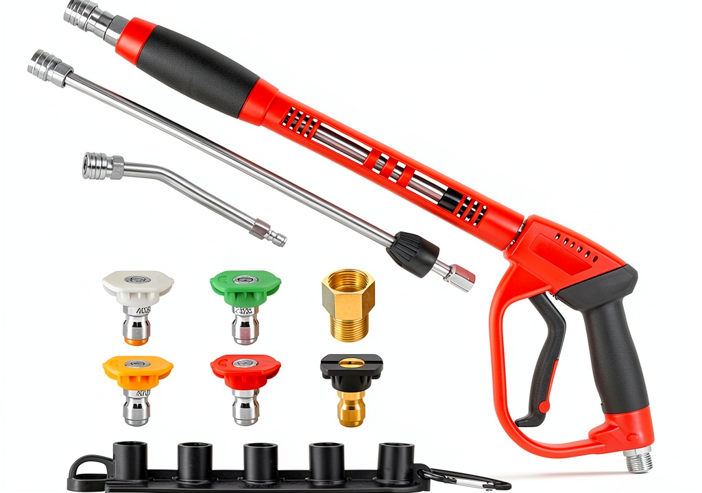 Tool Daily pressure washer gun with stainless steel finish on a concrete surface