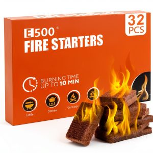 E500 Fire Starter, Fire Starters Squares for BBQ, Campfire, Fireplace, Wood Stove, Chimney, Fire Pit, Grill, 32 Cubes Large Firestarter for Indoor Outdoor Use, Natural Pine Charcoal Starter-0