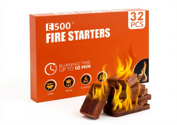 E500 Fire Starter, Fire Starters Squares for BBQ, Campfire, Fireplace, Wood Stove, Chimney, Fire Pit, Grill, 32 Cubes Large Firestarter for Indoor Outdoor Use, Natural Pine Charcoal Starter-0